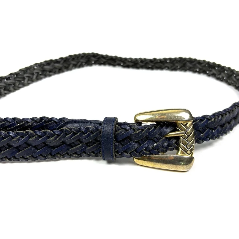 VTG 80s Chic Brand Braided Genuine Leather Belt Womans Sz L Navy Blue‎ Gold Tone